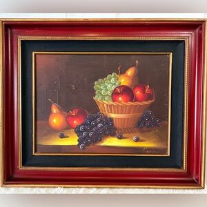 Vintage MCM Still Life Fruit Basket Oil Painting Signed 19”x23”